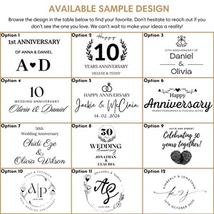 Peut inclure: Un tableau pr&eacute;sentant 12 exemples de designs pour des cadeaux d'anniversaire. Chaque option pr&eacute;sente un design unique avec du texte et des graphiques, notamment des c&oelig;urs, des anneaux et des chiffres. Les designs sont adapt&eacute;s &agrave; diff&eacute;rents anniversaires, tels que le 1er, le 10e et le 50e anniversaire.