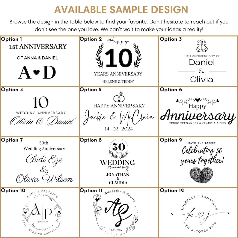 Peut inclure: Un tableau pr&eacute;sentant 12 exemples de designs pour des cadeaux d'anniversaire. Chaque option pr&eacute;sente un design unique avec du texte et des graphiques, notamment des c&oelig;urs, des anneaux et des chiffres. Les designs sont adapt&eacute;s &agrave; diff&eacute;rents anniversaires, tels que le 1er, le 10e et le 50e anniversaire.