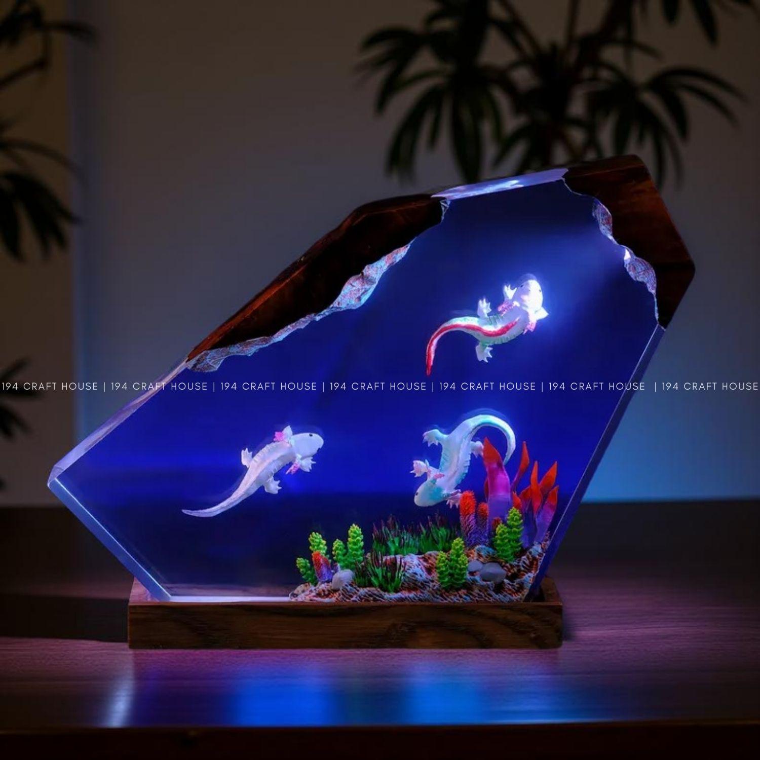 Axolotl Resin Lamp Night Light: Custom Epoxy Desk Lamp Diorama