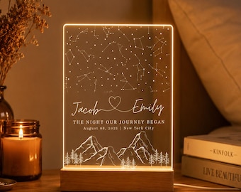 Veilleuse Carte du Ciel Personnalisée, Carte du Ciel Personnalisée avec Noms et Lieu par Date, Constellation de la Nuit de Notre Rencontre, Cadeaux d'Anniversaire pour Couples