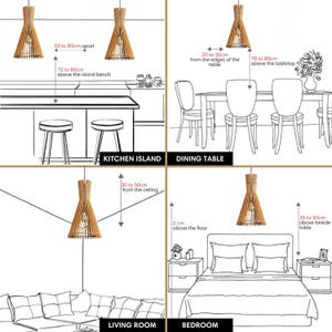 Pu&ograve; includere: Diagramma che mostra come appendere una lampada a sospensione in bamb&ugrave; in diverse stanze di una casa. Il diagramma mostra la lampada appesa sopra un'isola di cucina, un tavolo da pranzo, un divano in soggiorno e un letto in camera da letto. Le misure sono fornite in centimetri.
