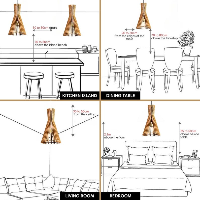 Pu&ograve; includere: Diagramma che mostra come appendere una lampada a sospensione in bamb&ugrave; in diverse stanze di una casa. Il diagramma mostra la lampada appesa sopra un'isola di cucina, un tavolo da pranzo, un divano in soggiorno e un letto in camera da letto. Le misure sono fornite in centimetri.