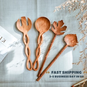 Hand Carved Wooden Salad Server Set: Twisted Serving Utensils