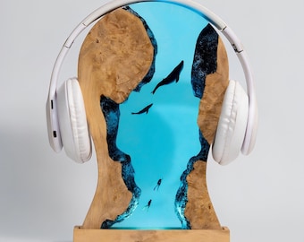 Ocean Resin Headphone Stand Epoxy Lamp, Wood Night Light Headset, Desk Decor, Gamer Gift