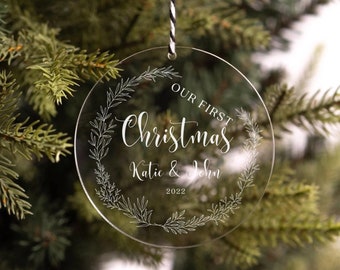 First Christmas Married Ornament Personalized Wedding Gift Clear Acrylic, Custom Holiday Gifts for Couple, Vintage Christmas Home Decor