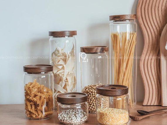 1Pc Glass Kitchen Storage Jar Wood Lid Borosilicate Glass Food Storage Jar  Sugar Spice Jar Glass