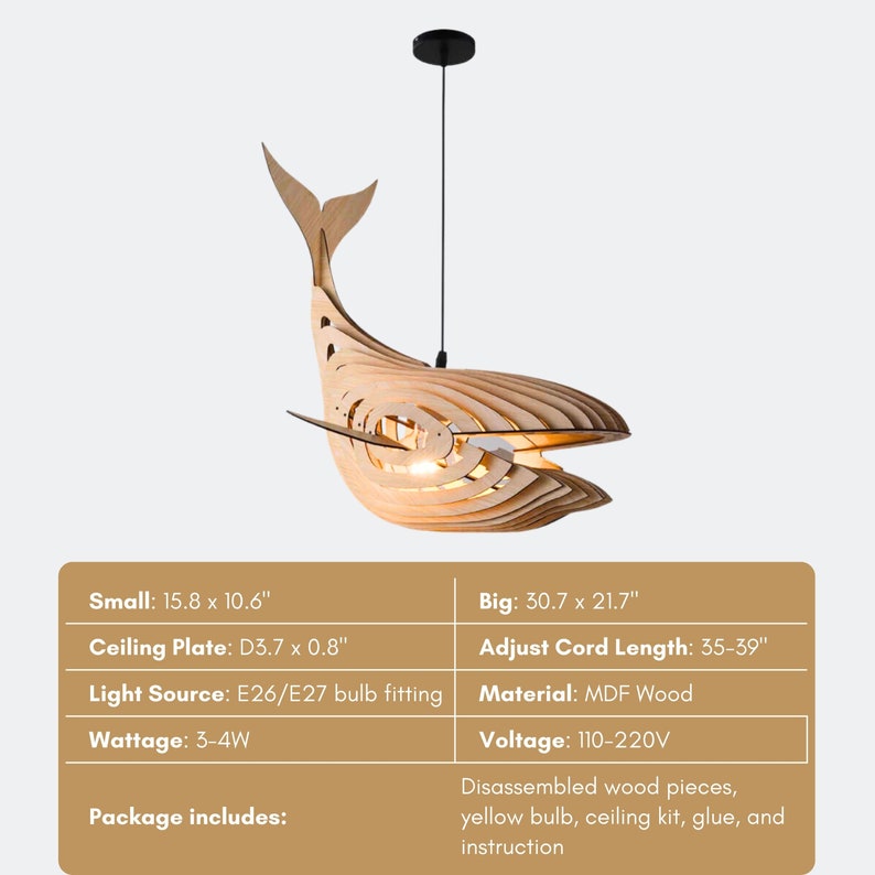 Whale Pendant Light For Kitchen Island, Wooden Whale Lamp Shade Ceiling Chandelier Hanging Light, Ocean Nursery Decor Birthday Gift for Kids image 2
