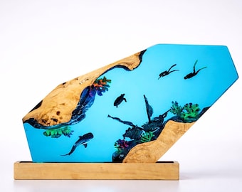 Nocna lampka z żywicy w kształcie żółwia nurkowego, drewniana podstawa lampy oceanicznej, dekoracja dioramy morskiej