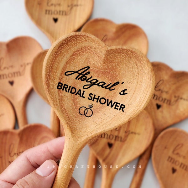 Handmade Heart Shaped Wooden Spoon Personalized Name Bridal Shower Gift, Laser Engraved Mixing Spoon Wedding Gifts, Rustic Kitchen Decor