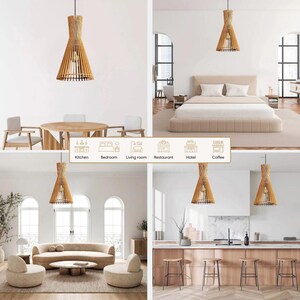 Pu&ograve; includere: Un set di quattro luci a sospensione in legno naturale con un design intrecciato. Le luci sono mostrate appese in una cucina, una camera da letto, un soggiorno, un ristorante, un hotel e un bar.