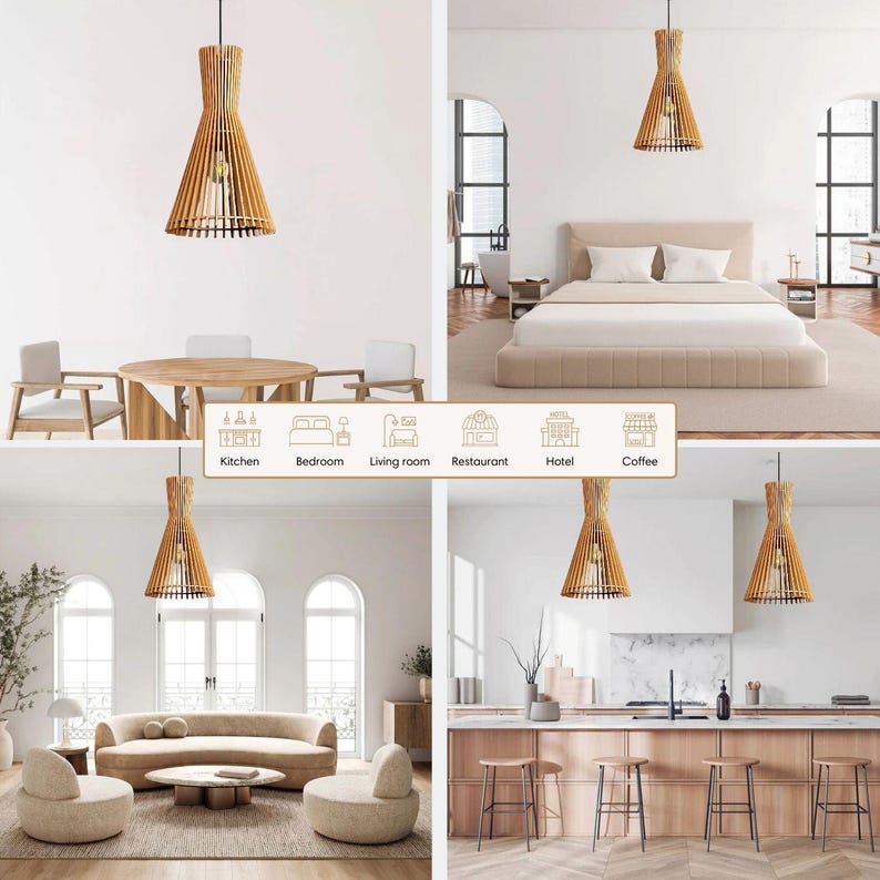 Pu&ograve; includere: Un set di quattro luci a sospensione in legno naturale con un design intrecciato. Le luci sono mostrate appese in una cucina, una camera da letto, un soggiorno, un ristorante, un hotel e un bar.