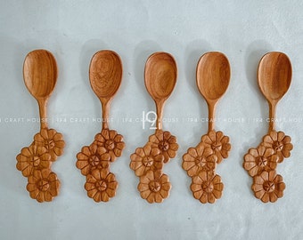 Hand Carved Flower Wooden Spoon Gift for Her Mother Mom, Organic Floral Kitchen Utensils Natural Timber Tableware, Vintage Home Party Decor
