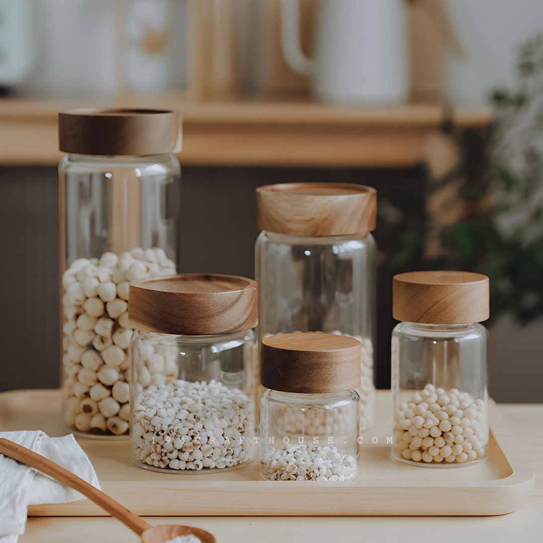 7oz Glass Storage Jar Wood Lid Laser Engraved - Pantry Storage