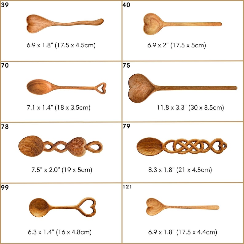 Peut inclure: Un ensemble de dix cuill&egrave;res en bois avec des bols en forme de c&oelig;ur. Les cuill&egrave;res sont en bois naturel et ont diff&eacute;rentes tailles et formes. Les cuill&egrave;res sont num&eacute;rot&eacute;es 39, 40, 70, 75, 78, 79, 99 et 121. Chaque cuill&egrave;re a ses dimensions indiqu&eacute;es en pouces et en centim&egrave;tres.