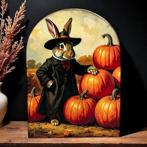 Rabbit with Pumpkins Wood Arch Sign-Halloween Decor Fall Farmhouse Vintage Decor