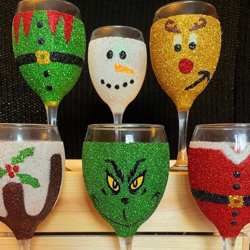 Glitter Christmas Wine Glasses Etsy UK
