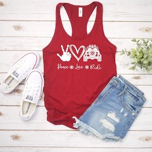Peace Love and Ride Ladies Racerback, Off Road Ladies Top, 4x4 Ladies Racerback
