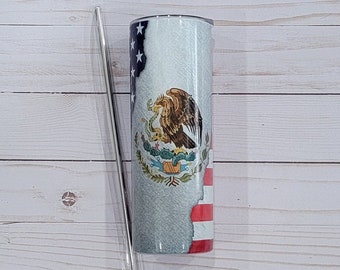 Mexico American Flag 20oz Skinny Tumbler, American Mexican Flag Tumbler