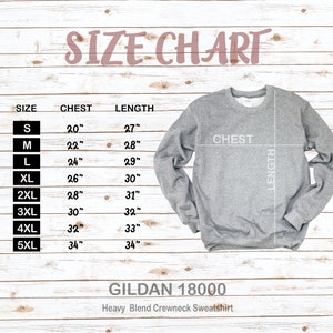 May include: Size chart for Gildan 18000 Heavy Blend Crewneck Sweatshirt. The chart shows sizes S through 5XL with corresponding chest and length measurements in inches.