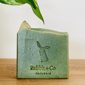 May include: A rectangular bar of sage green soap with a textured surface. The front features an embossed graphic of a rabbit and the text Rabbit+Co NATURALS. A small, light-colored leaf-shaped piece is embedded into the top edge of the soap bar.