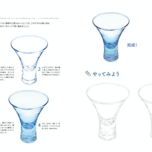 K&ouml;nnte beinhalten: Eine Schritt-f&uuml;r-Schritt-Anleitung zum Zeichnen eines blauen Glases mit abgerundetem Boden und einer breiten &Ouml;ffnung. Das Bild zeigt vier Phasen des Zeichenprozesses, beginnend mit einer einfachen Skizze und endend mit einer detaillierten Darstellung des Glases. Der Text in Japanisch lautet "Blaues Glas".