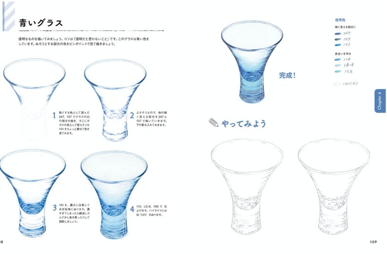 K&ouml;nnte beinhalten: Eine Schritt-f&uuml;r-Schritt-Anleitung zum Zeichnen eines blauen Glases mit abgerundetem Boden und einer breiten &Ouml;ffnung. Das Bild zeigt vier Phasen des Zeichenprozesses, beginnend mit einer einfachen Skizze und endend mit einer detaillierten Darstellung des Glases. Der Text in Japanisch lautet "Blaues Glas".