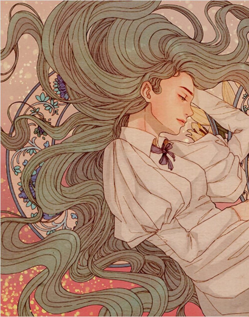 Puede incluir: Una ilustraci&oacute;n digital de una mujer con el pelo largo y verde que fluye. Lleva una camisa blanca con un lazo y est&aacute; tumbada con los ojos cerrados. El fondo es de color rosa suave con un patr&oacute;n floral.
