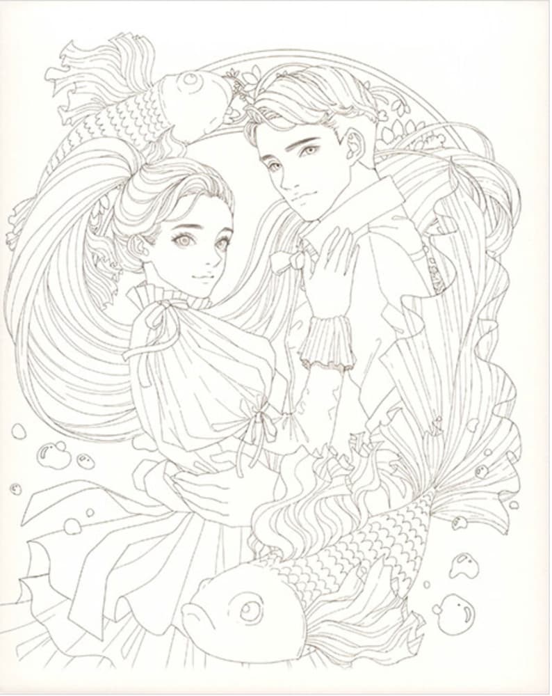 Puede incluir: Un dibujo en blanco y negro de una pareja abraz&aacute;ndose, rodeada de peces estilizados y burbujas. La mujer tiene el pelo largo y lleva un vestido con un lazo. El hombre lleva un traje con una pajarita.
