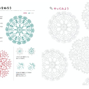 K&ouml;nnte beinhalten: Eine Seite aus einem japanischen Bastelbuch mit Anleitungen zum Sticken von Spitze. Die Seite zeigt zwei verschiedene Spitzenmuster, eines in Rosa und eines in Blau. Das Buch enth&auml;lt auch einen Abschnitt &uuml;ber das Sticken von Spitze.