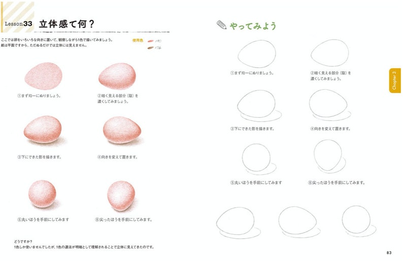 K&ouml;nnte beinhalten: Eine Schritt-f&uuml;r-Schritt-Anleitung zum Zeichnen eines Eies in verschiedenen Positionen. Das Bild zeigt ein Ei, das in verschiedenen Winkeln gezeichnet ist, mit Anweisungen auf Japanisch.