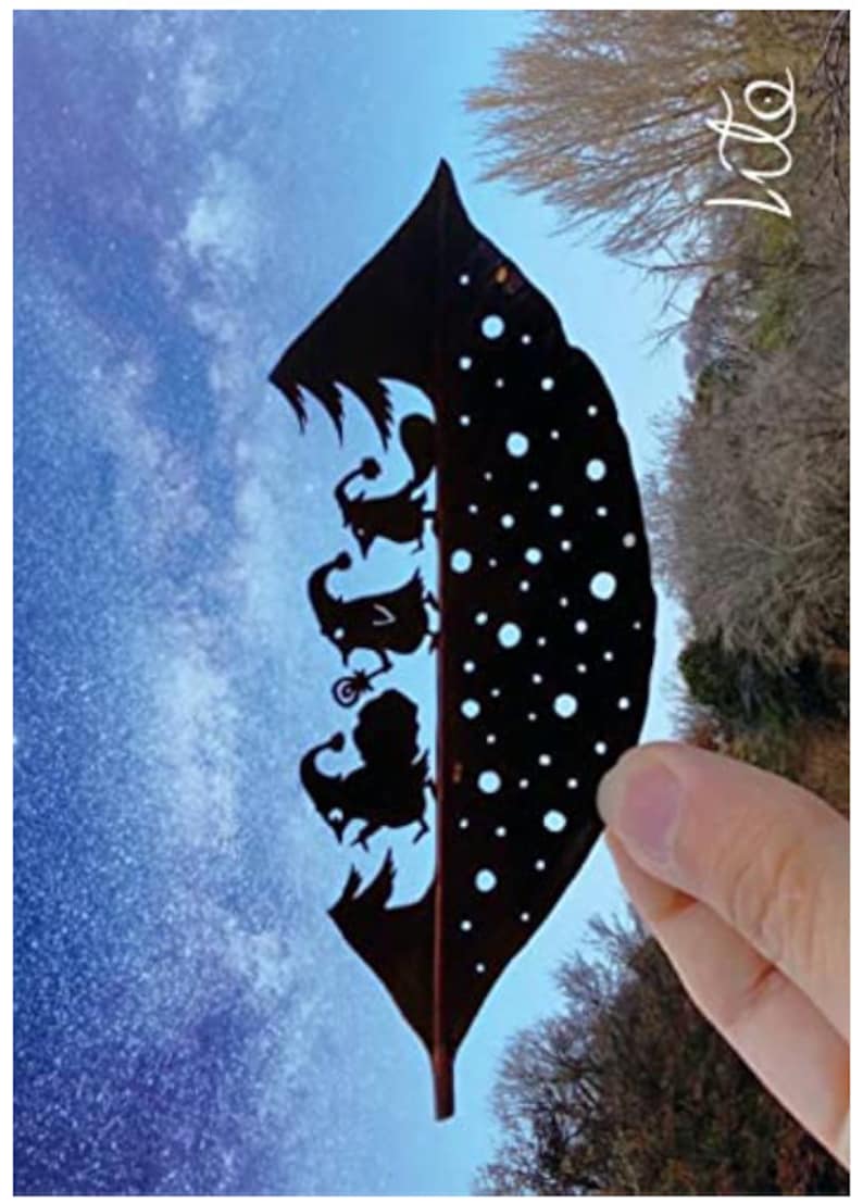 May include: A black silhouette of a group of birds on a brown feather with a starry sky background. The feather is held by a hand. The word "Vita" is written in white on the right side of the image.