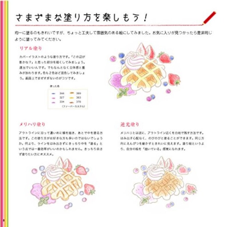 K&ouml;nnte beinhalten: Eine Seite aus einem Malbuch mit Anweisungen zum Ausmalen eines Waffels mit Schlagsahne und Beeren. Die Anweisungen sind in Japanisch geschrieben. Die Seite zeigt drei verschiedene M&ouml;glichkeiten, den Waffel zu f&auml;rben: realistisch, kontrastreich und mit Gegenlicht.