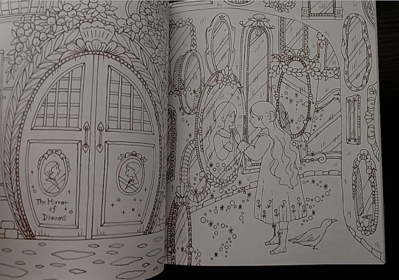Pu&ograve; includere: Un'illustrazione in bianco e nero di una ragazza che guarda uno specchio. Lo specchio &egrave; circondato da altri specchi e da un motivo floreale. Il testo "The Mirror of Dreams" &egrave; scritto sulla porta sullo sfondo.
