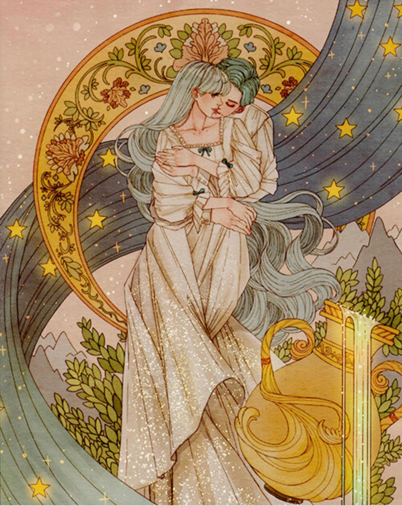 Puede incluir: Una ilustraci&oacute;n de acuarela de dos figuras abraz&aacute;ndose, con una urna dorada que vierte agua en el fondo. Las figuras est&aacute;n rodeadas de una luna creciente y estrellas, con una tela a rayas azules y blancas drapeada en la parte superior. La ilustraci&oacute;n est&aacute; hecha en un estilo vintage, con un toque suave y rom&aacute;ntico.