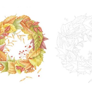 May include: A watercolor illustration of a wreath made of autumn leaves in shades of red, orange, yellow, and green. The wreath is surrounded by small red berries. A black and white outline of the wreath is shown on the right side of the image.