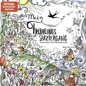 May include: A black and white coloring book with a whimsical illustration of a spring scene. The title is "Mein Frühlings Spaziergang" with the text "Ausmalen und durchatmen" below. The author is Rita Berman. The book cover features a bench, flowers, butterflies, a bird, and a watering can.