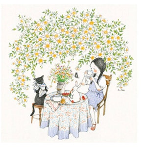 May include: A hand-drawn illustration of a girl, a cat, and a rabbit enjoying tea under a flowering vine. The girl is wearing a blue and white dress and holding a teacup. The cat is wearing a black and white shirt and holding a teacup. The rabbit is white and holding a teacup. The table is covered in a floral tablecloth.
