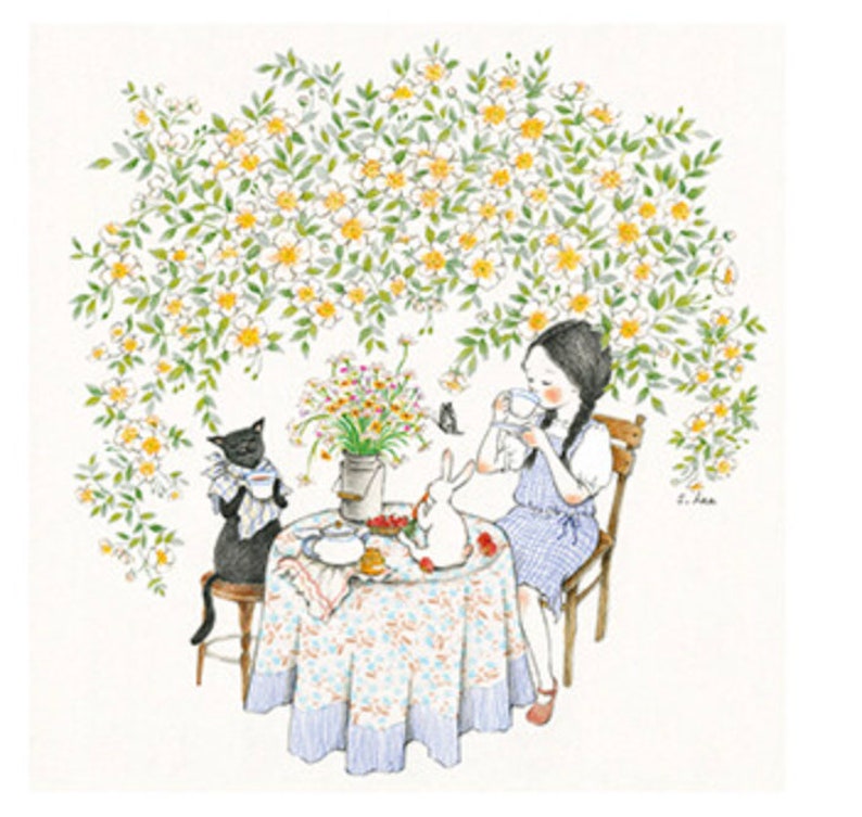 May include: A hand-drawn illustration of a girl, a cat, and a rabbit enjoying tea under a flowering vine. The girl is wearing a blue and white dress and holding a teacup. The cat is wearing a black and white shirt and holding a teacup. The rabbit is white and holding a teacup. The table is covered in a floral tablecloth.