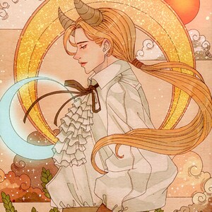 Puede incluir: Una ilustraci&oacute;n digital de una persona con cabello largo rubio y cuernos, vistiendo una camisa blanca con cuello de volantes y un cintur&oacute;n marr&oacute;n. La persona est&aacute; de pie frente a una luna creciente y un sol.