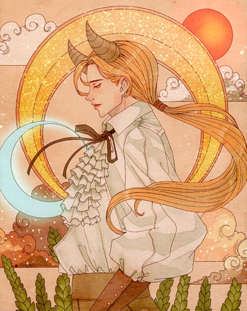 Puede incluir: Una ilustraci&oacute;n digital de una persona con cabello largo rubio y cuernos, vistiendo una camisa blanca con cuello de volantes y un cintur&oacute;n marr&oacute;n. La persona est&aacute; de pie frente a una luna creciente y un sol.