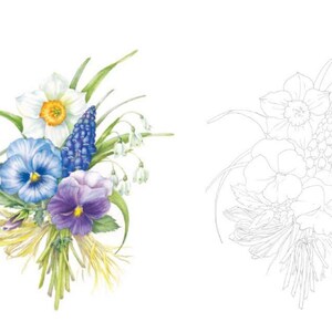 May include: A watercolor painting of a bouquet of flowers. The bouquet includes white daffodils, blue pansies, purple pansies, and blue hyacinths. The flowers are arranged in a loose, natural style.