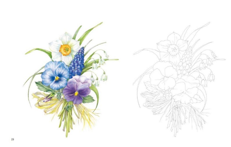 May include: A watercolor painting of a bouquet of flowers. The bouquet includes white daffodils, blue pansies, purple pansies, and blue hyacinths. The flowers are arranged in a loose, natural style.