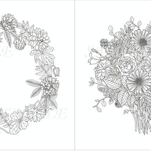 May include: Two black and white line drawings of floral arrangements. The first is a wreath of clover flowers and leaves. The second is a bouquet of various flowers.