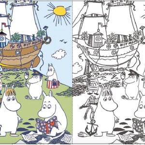 May include: A black and white coloring page featuring a cartoon ship with a sign that reads "MUR MADE" and several cartoon characters standing on a hill. The characters are all white and have large ears and noses. One character is reading a book.