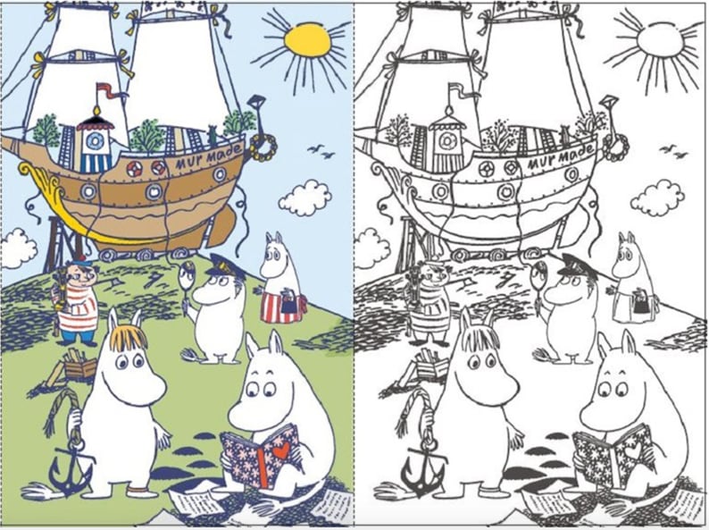 May include: A black and white coloring page featuring a cartoon ship with a sign that reads "MUR MADE" and several cartoon characters standing on a hill. The characters are all white and have large ears and noses. One character is reading a book.