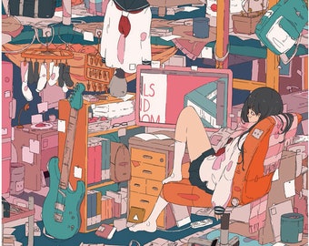 Puede incluir: Una ilustración colorida de una habitación desordenada con una persona joven sentada en una silla. La habitación está llena de varios objetos, incluyendo una guitarra, una computadora, libros y ropa. La persona lleva un uniforme escolar y tiene el pelo largo y negro. El texto "気化熱 ダイスケリチャード作品集 KIKANETSU Art collection of DaisukeRichard" está en la parte superior de la imagen.