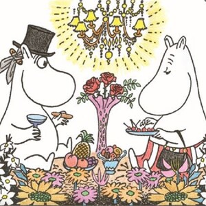 May include: Two white cartoon characters, one wearing a top hat, are sitting at a table with a vase of red roses, a plate of red berries, and a glass of wine. The table is surrounded by colorful flowers.