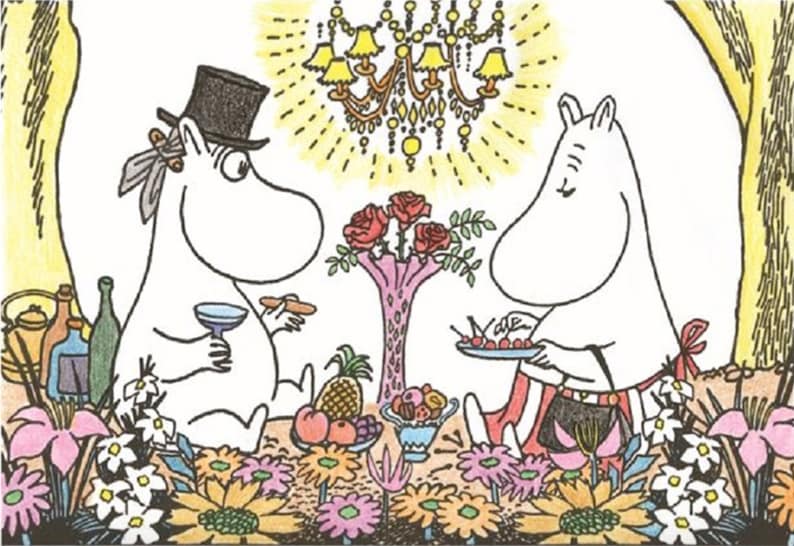 May include: Two white cartoon characters, one wearing a top hat, are sitting at a table with a vase of red roses, a plate of red berries, and a glass of wine. The table is surrounded by colorful flowers.