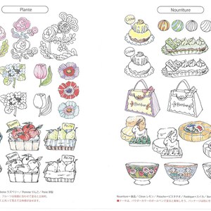 May include: A black and white line drawing illustration of various plants and food items. The plants include flowers, leaves, and fruit. The food items include cakes, pastries, candy, and watermelon. The text "Plante" and "Nourriture" are written at the top of the page.