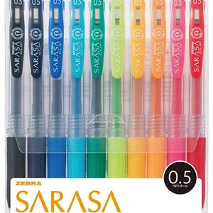 May include: A pack of ten Zebra Sarasa Clip gel ink rollerball pens in various colors, including black, blue, turquoise, green, yellow, orange, red, pink, and purple. The pens are 0.5 mm and have a clear barrel with a black clip.